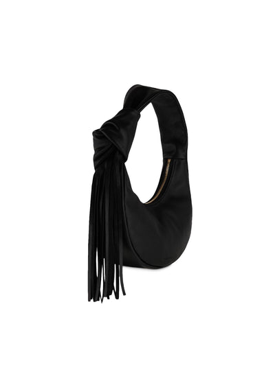 REIKE NEN Women's Black Solid Suede Tasseled Knot Detail Top Handle Strap Handbag Purse