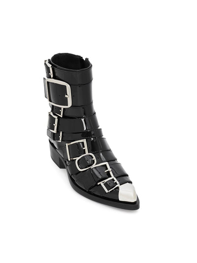 ALEXANDER MCQUEEN Womens Black Silver Toe Cap Strappy Buckle Accent Pointed Toe Block Heel Zip-Up Leather Boots Shoes 38.5