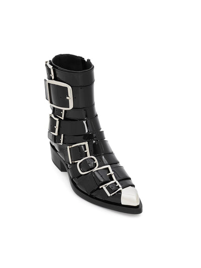 ALEXANDER MCQUEEN Womens Black Silver Toe Cap Strappy Buckle Accent Pointed Toe Block Heel Zip-Up Leather Boots Shoes 39