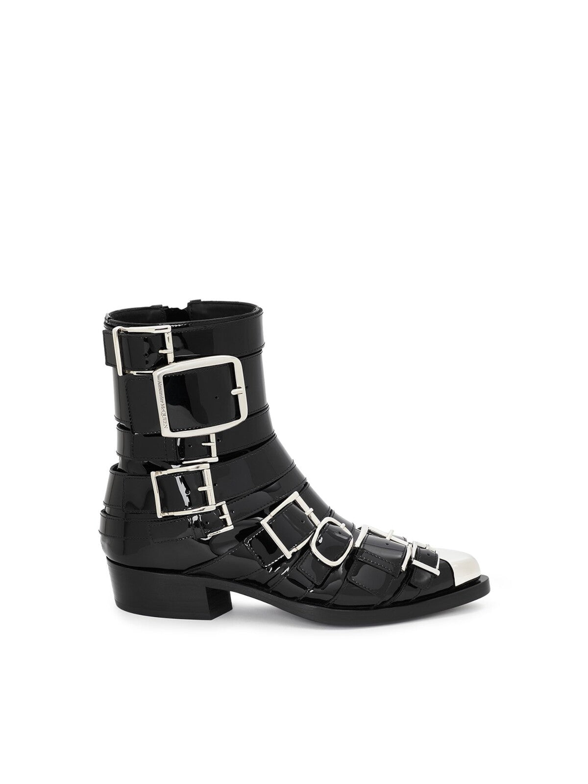 ALEXANDER MCQUEEN Womens Black Silver Toe Cap Strappy Buckle Accent Pointed Toe Block Heel Zip-Up Leather Boots Shoes 38.5