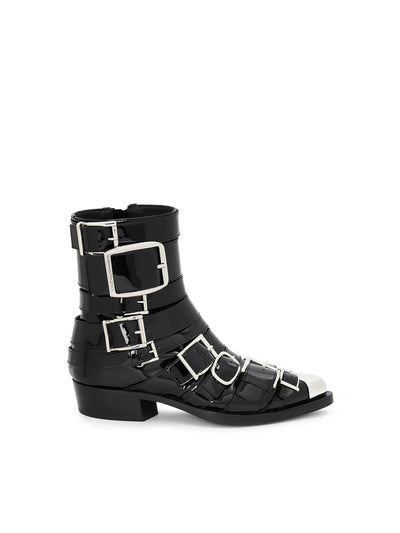 ALEXANDER MCQUEEN Womens Black Silver Toe Cap Strappy Buckle Accent Pointed Toe Block Heel Zip-Up Leather Boots Shoes 39