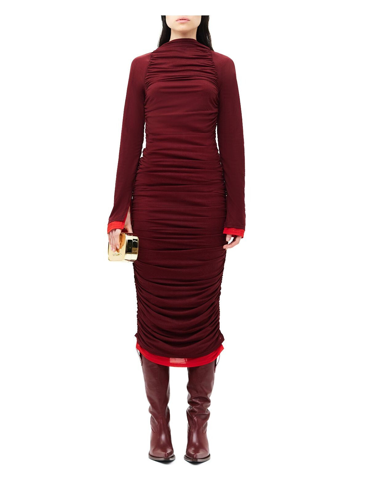 MESH SIMON MILLER Womens Maroon Ruched Pullover Lined Color Block Long Sleeve Mock Neck Midi Cocktail Body Con Dress S