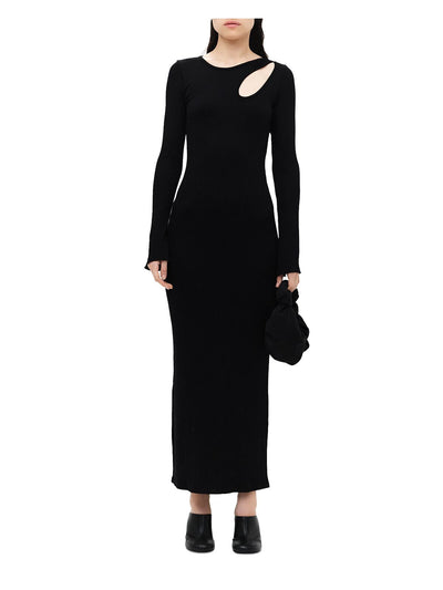 SIMON MILLER Womens Black Ribbed Cut Out Long Sleeve Round Neck Maxi Sheath Dress XXS