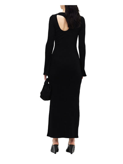 SIMON MILLER Womens Black Ribbed Cut Out Long Sleeve Round Neck Maxi Sheath Dress XXS