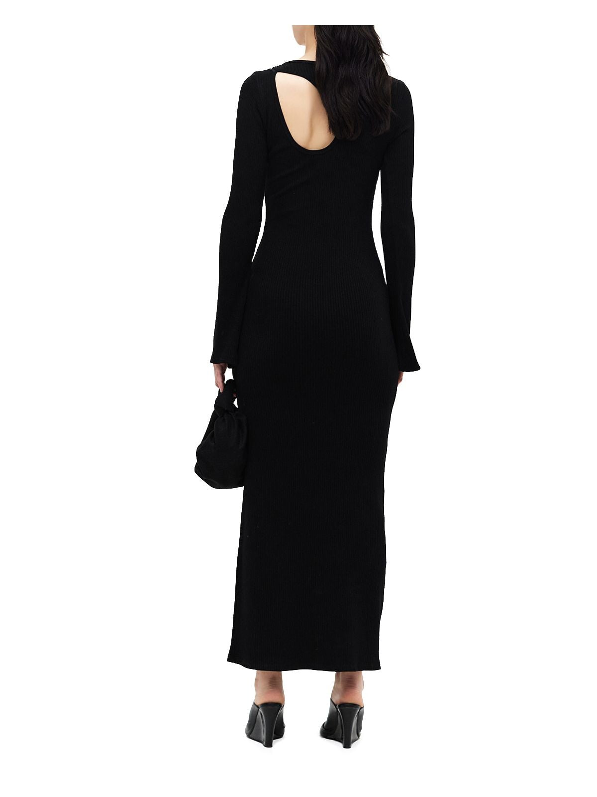 SIMON MILLER Womens Black Ribbed Cut Out Long Sleeve Round Neck Maxi Sheath Dress M