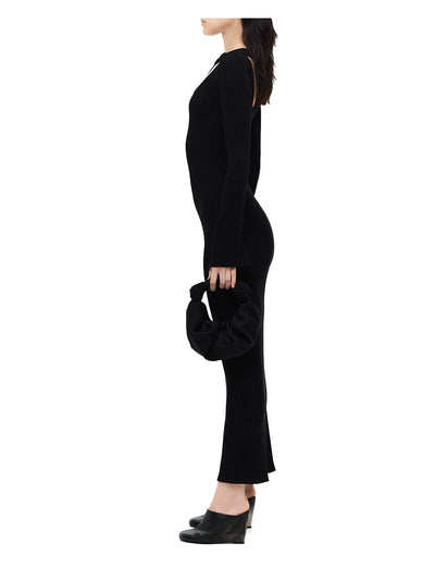 SIMON MILLER Womens Black Ribbed Cut Out Long Sleeve Round Neck Maxi Sheath Dress XS