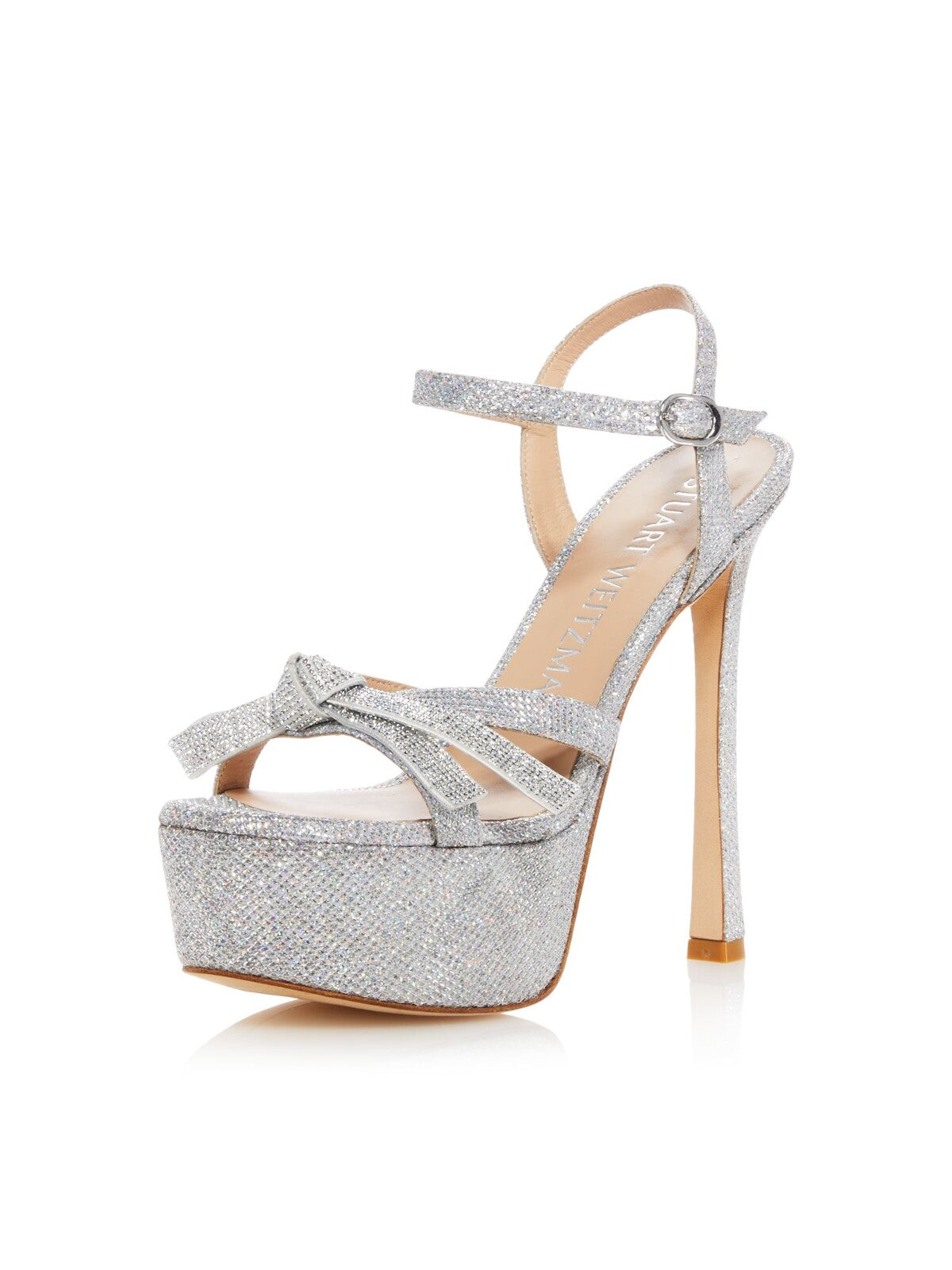 STUART WEITZMAN Womens Silver Metallic Glitter Ankle Strap Bow Detail 2 Inch Platform Padded Goring Open Toe Stiletto Buckle Dress Heeled Sandal 9 B