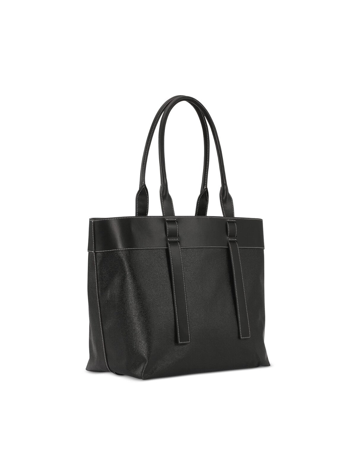 GANNI Women's Black Coated Canvas Leather Trim Printed Double Flat Strap Tote Handbag Purse