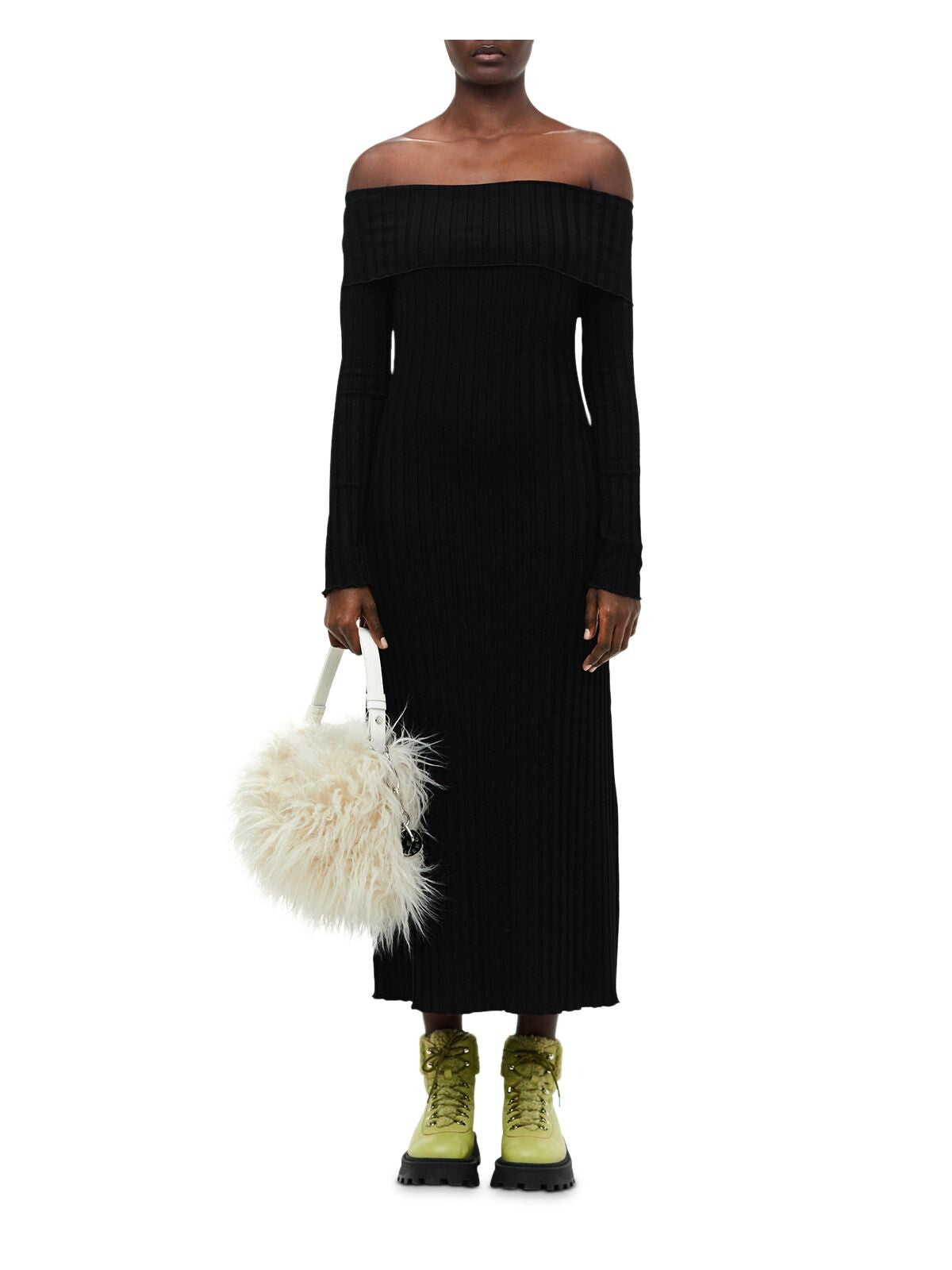 SIMON MILLER Womens Black Ribbed Ruffled Pullover Foldover Neck Long Sleeve Off Shoulder Full-Length Body Con Dress XXS