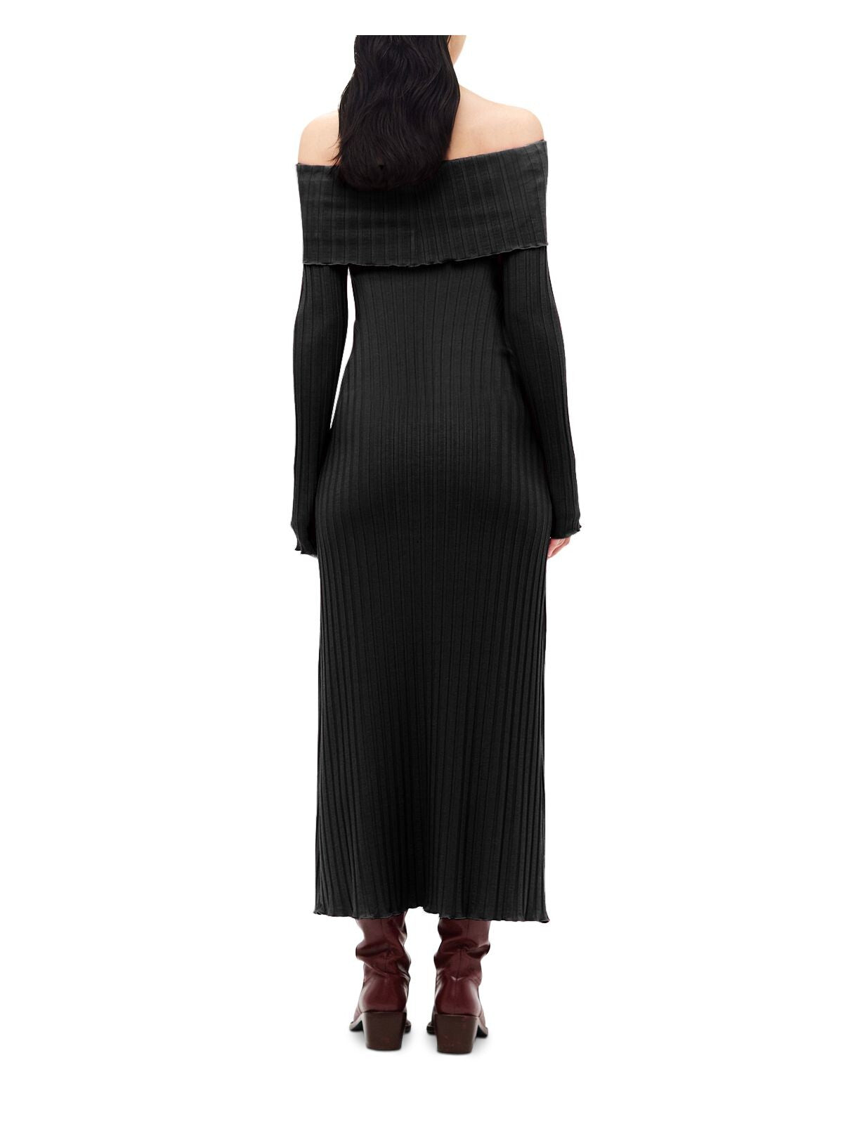 SIMON MILLER Womens Black Ribbed Ruffled Pullover Foldover Neck Long Sleeve Off Shoulder Full-Length Body Con Dress XXS