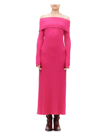 SIMON MILLER Womens Pink Ribbed Ruffled Pullover Foldover Neck Long Sleeve Off Shoulder Full-Length Party Body Con Dress M