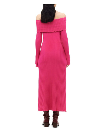 SIMON MILLER Womens Pink Ribbed Ruffled Pullover Foldover Neck Long Sleeve Off Shoulder Full-Length Party Body Con Dress M