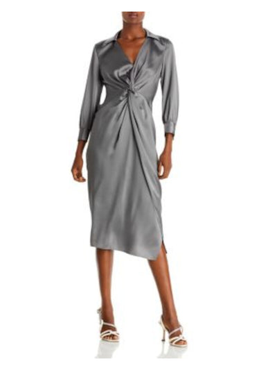 THEORY Womens Gray Zippered Twist Front Pleated Overay Skirt Cuffed Sleeve Surplice Neckline Midi Party Sheath Dress 0