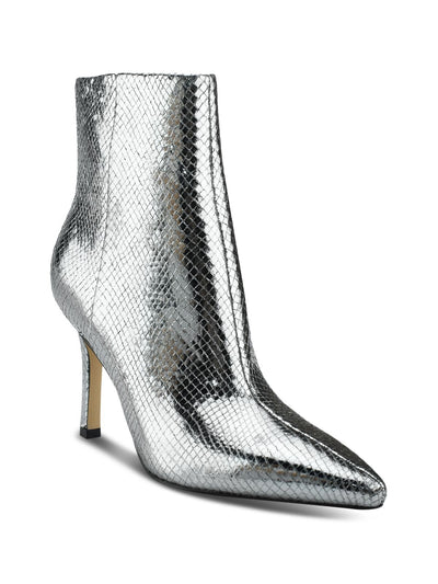 MARC FISHER Womens Silver Snake Comfort Kendry Pointed Toe Stiletto Zip-Up Leather Booties 8.5 M