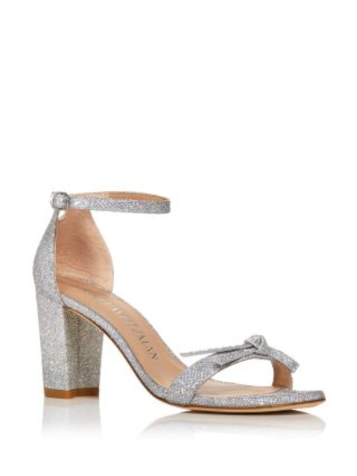 STUART WEITZMAN Womens Silver Padded Bow Accent Ankle Strap Glitter Nearly Nude Round Toe Block Heel Buckle Dress Heeled Sandal 6.5 B