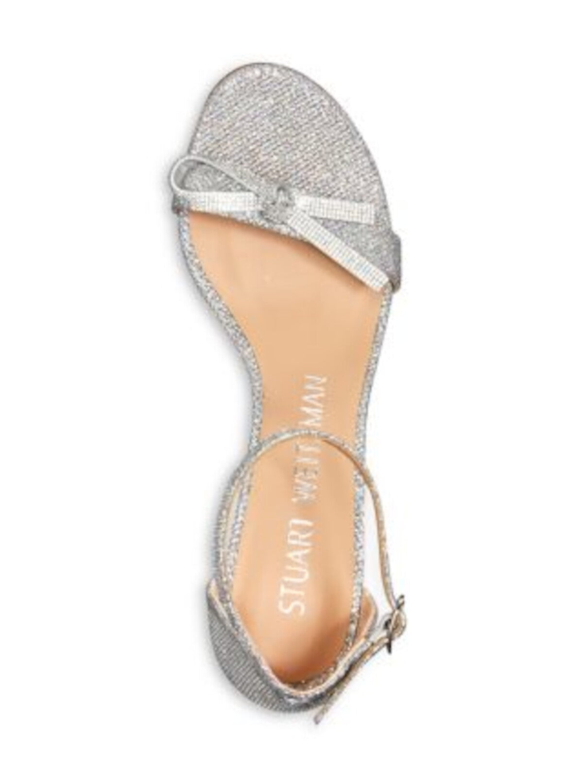 STUART WEITZMAN Womens Silver Padded Bow Accent Ankle Strap Glitter Nearly Nude Round Toe Block Heel Buckle Dress Heeled Sandal 10 B