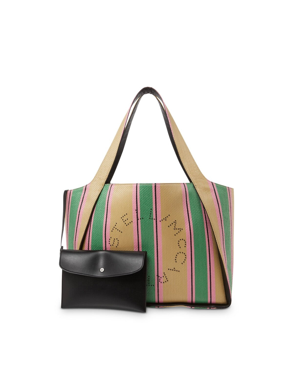 STELLAMCCARTNEY Women's Green Striped Removable Pouch Included Logo Double Flat Strap Tote Handbag Purse
