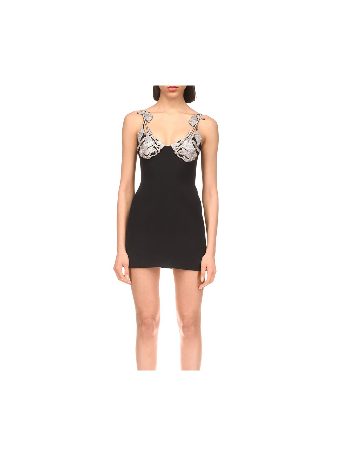 DAVID KOMA Womens Black Embellished Zippered Lined Embroidered padded Floral Spaghetti Strap Sweetheart Neckline Micro Mini Cocktail Sheath Dress 8