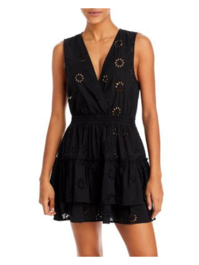 AQUA SWIM Women's Black Eyelet Smocked Waistline Tiered Ruffled Surplice Swimsuit Cover Up M