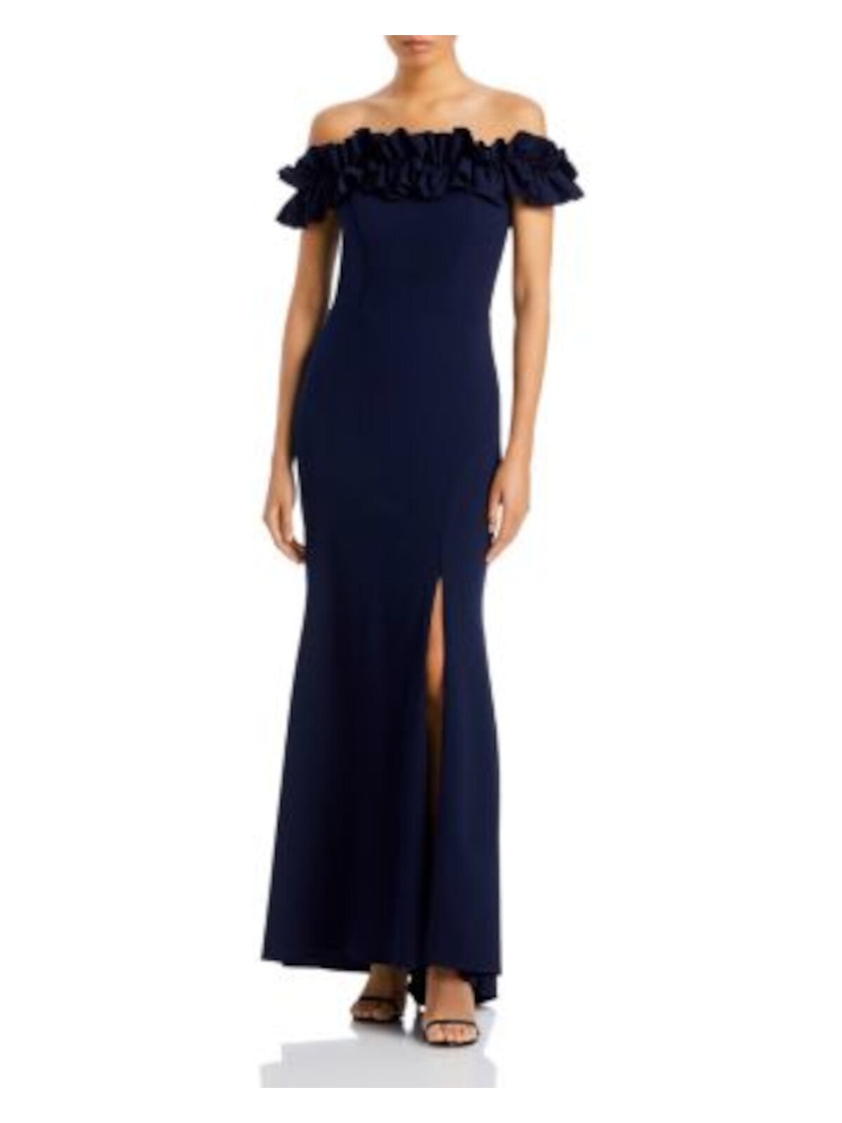 AQUA FORMAL Womens Navy Ruffled Zippered Ruched Back High Slit Lined Short Sleeve Off Shoulder Full-Length Formal Gown Dress 2