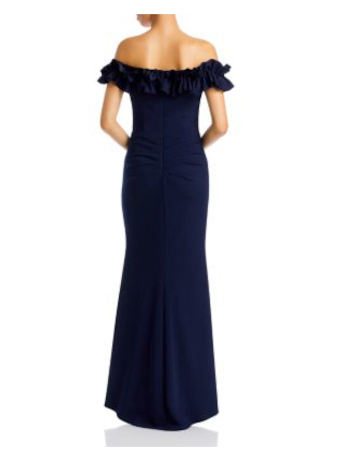 AQUA FORMAL Womens Navy Ruffled Zippered Ruched Back High Slit Lined Short Sleeve Off Shoulder Full-Length Formal Gown Dress 8