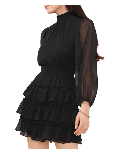 1. STATE Womens Black Ruffled Lined Smocked Neck Keyhole Back Long Sleeve Short Party Fit + Flare Dress Juniors XS