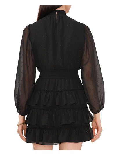 1. STATE Womens Black Ruffled Lined Smocked Neck Keyhole Back Long Sleeve Short Party Fit + Flare Dress Juniors XS
