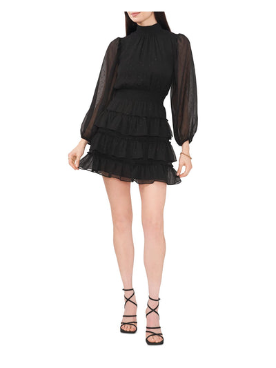 1. STATE Womens Black Ruffled Lined Smocked Neck Keyhole Back Long Sleeve Short Party Fit + Flare Dress Juniors XS
