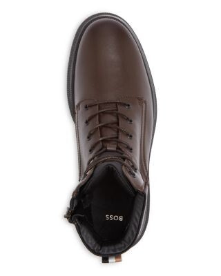 BOSS Mens Brown Heel Pull-Tab Debossed Logo Padded Collar Treaded Lace Up Lug Sole Padded Jacob Round Toe Platform Zip-Up Combat Boots 46