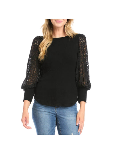 KAREN KANE Womens Black Ribbed Lace Blouson Sleeve Crew Neck Wear To Work Top L