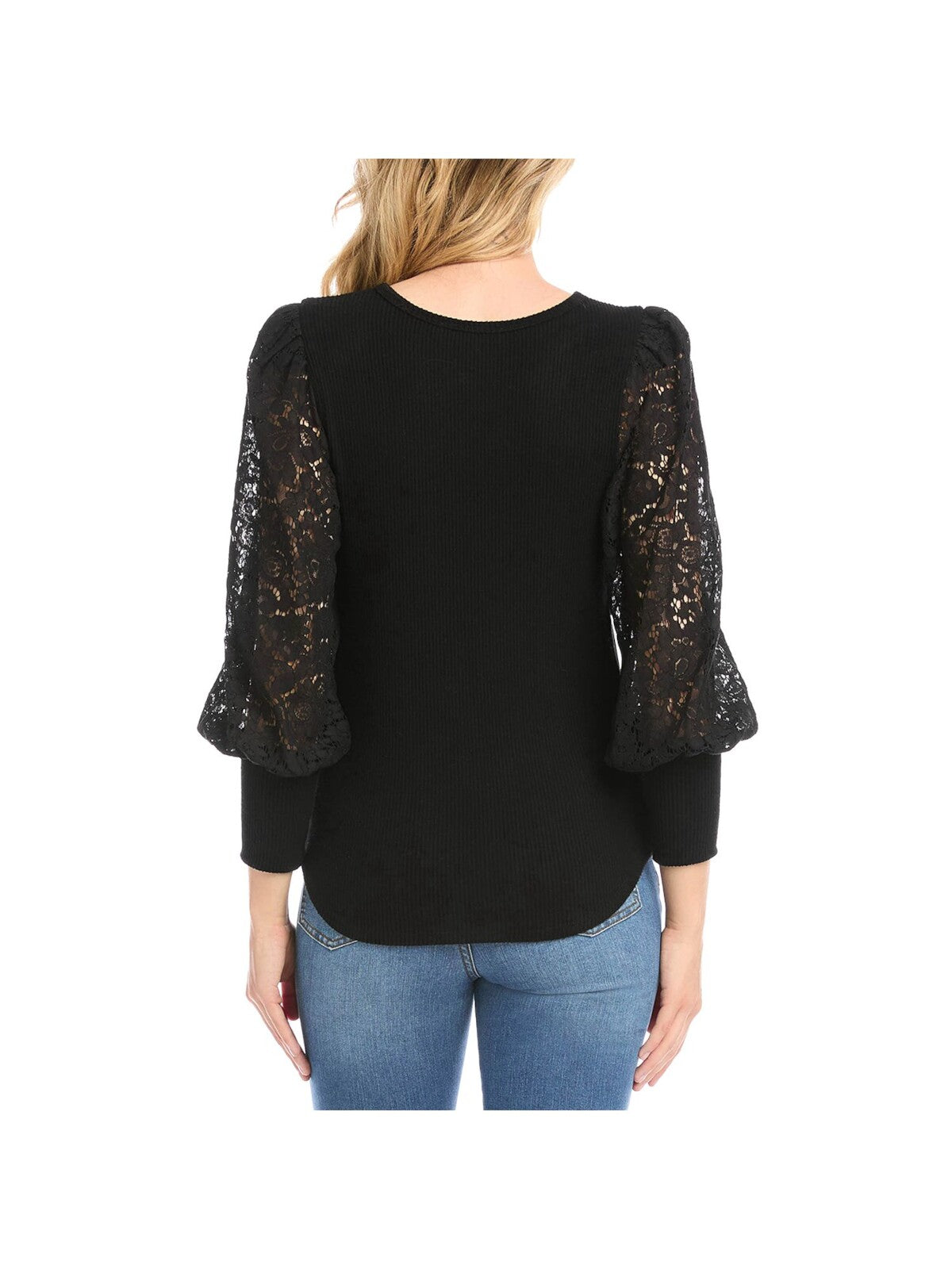 KAREN KANE Womens Black Ribbed Lace Blouson Sleeve Crew Neck Wear To Work Top L