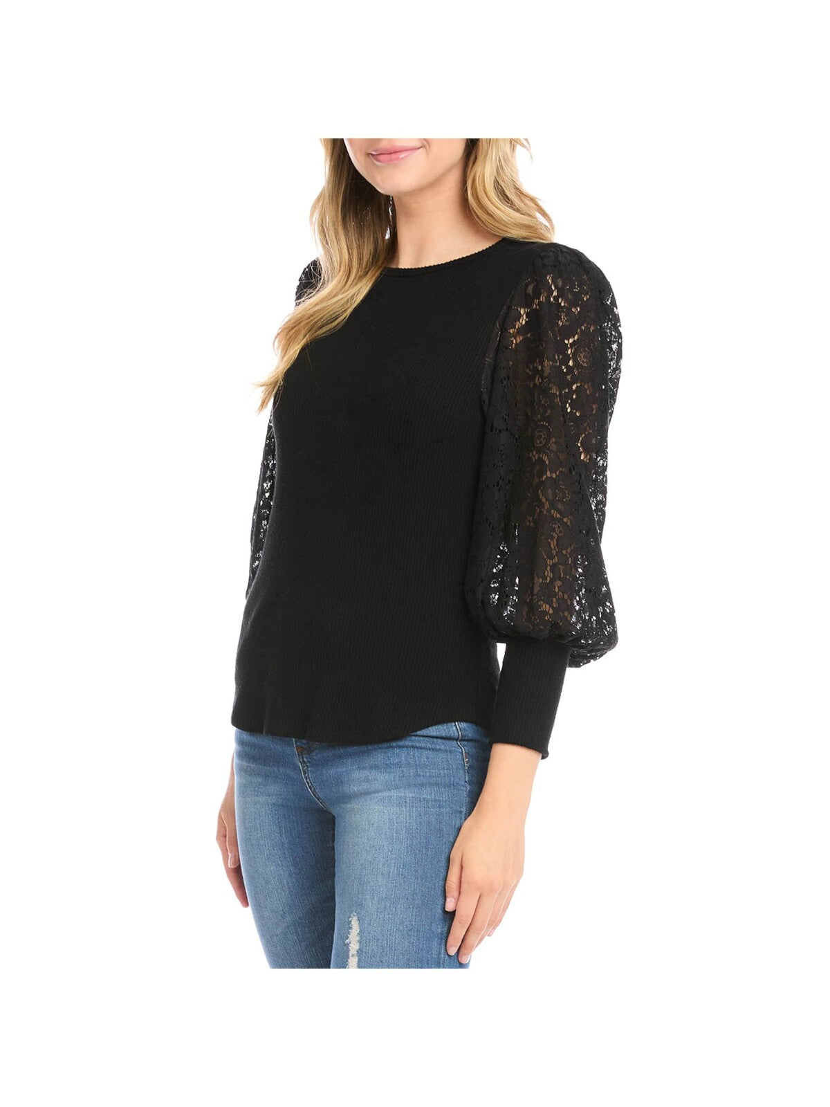 KAREN KANE Womens Black Ribbed Lace Blouson Sleeve Crew Neck Wear To Work Top L