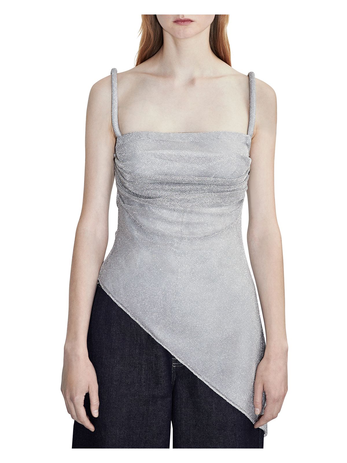 ET OCHS Womens Silver Zippered Pleated Drape Front Asymmetrical Hem Sleeveless Square Neck Top 2