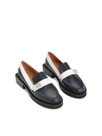 GANNI Womens Navy Comfort Jewel Round Toe Block Heel Slip On Leather Dress Heeled Loafers 40