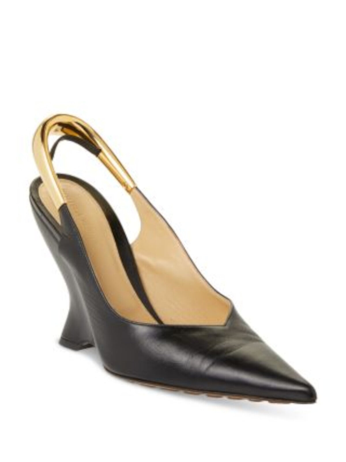 BOTTEGA VENETA Womens Black Mixed Media Gold Tone Slingback Strap Padded Punta Pointed Toe Wedge Slip On Leather Slingback 36.5