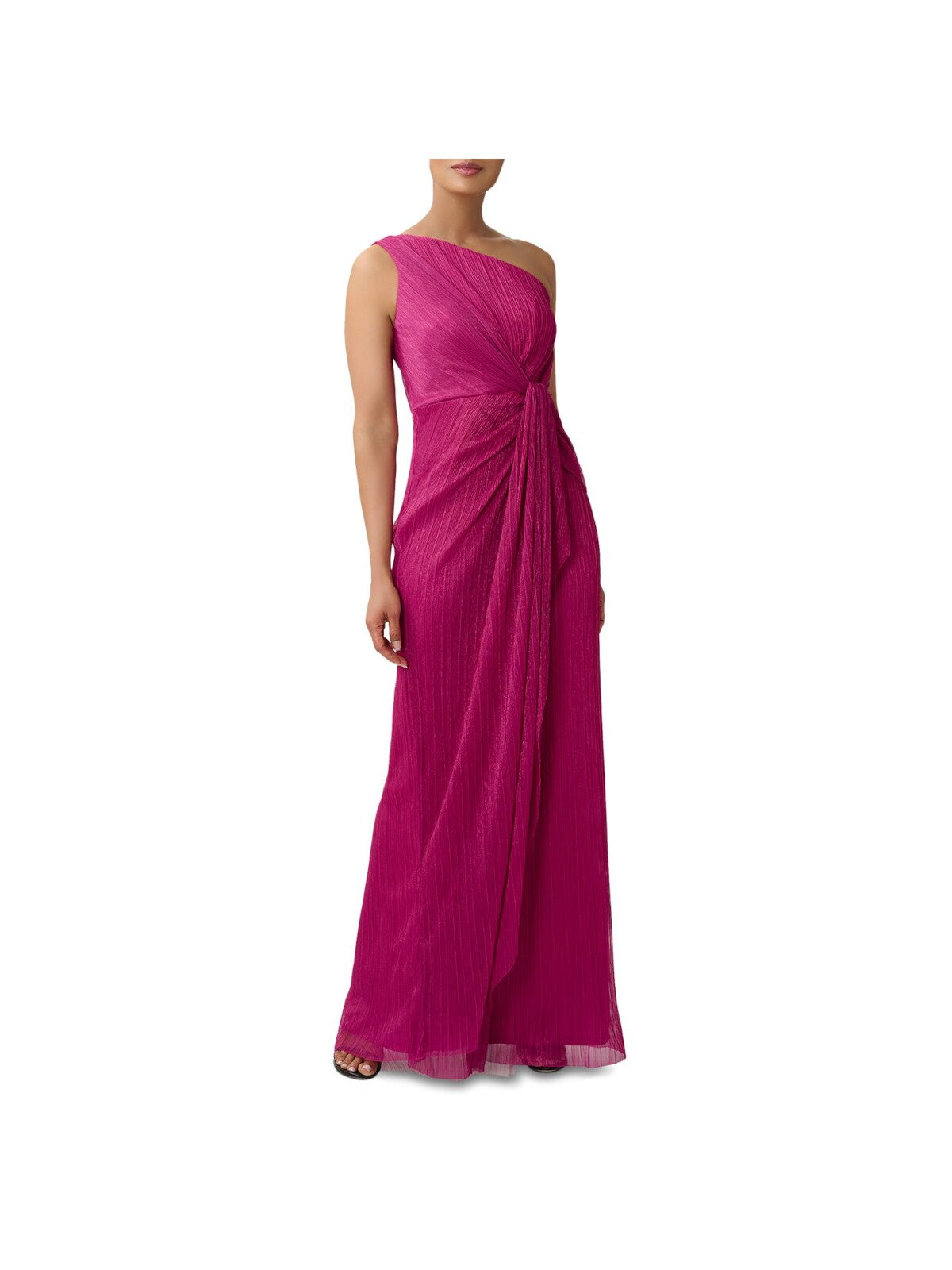 ADRIANNA PAPELL Womens Pink Zippered Ruched Twist With Cascade Side Front Pinstripe Sleeveless Asymmetrical Neckline Full-Length Evening Gown Dress 10