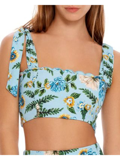 AGUA BENDITA Womens Light Blue Scalloped Lined Tie Straps Smocked Back Floral Sleeveless Square Neck Crop Top L