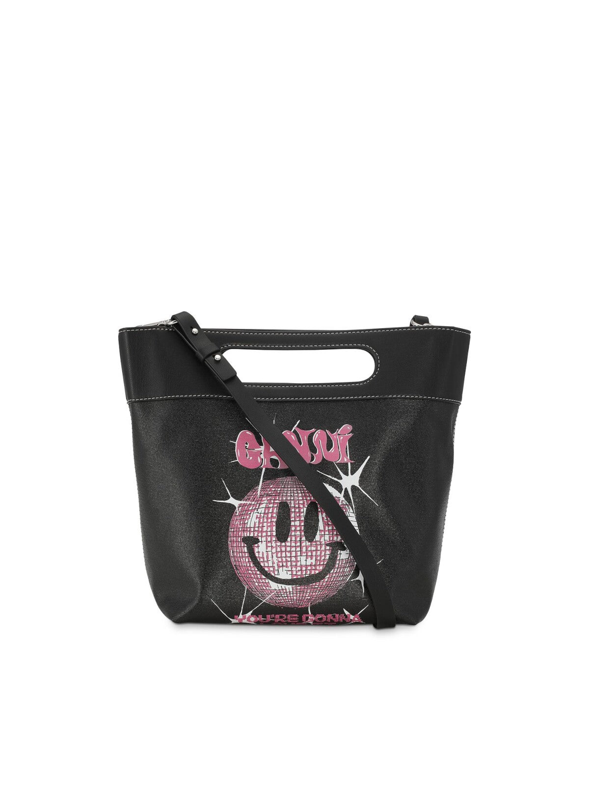 GANNI Women's Black Double Handle Solid Leather Trim Logo Graphic Adjustable Strap Tote Handbag Purse
