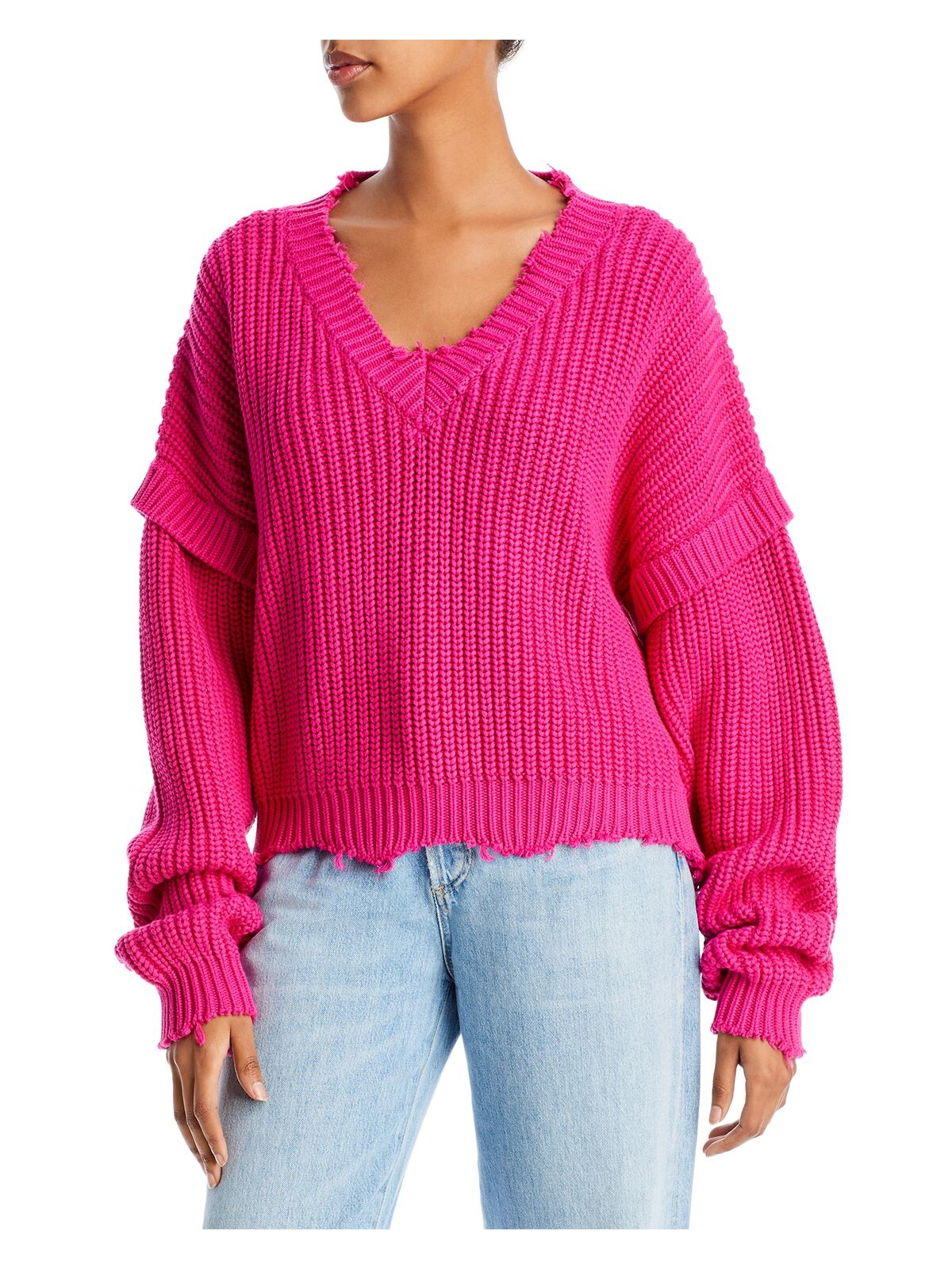 SIMON MILLER Womens Pink Distressed Ribbed Long Sleeve V Neck Sweater S