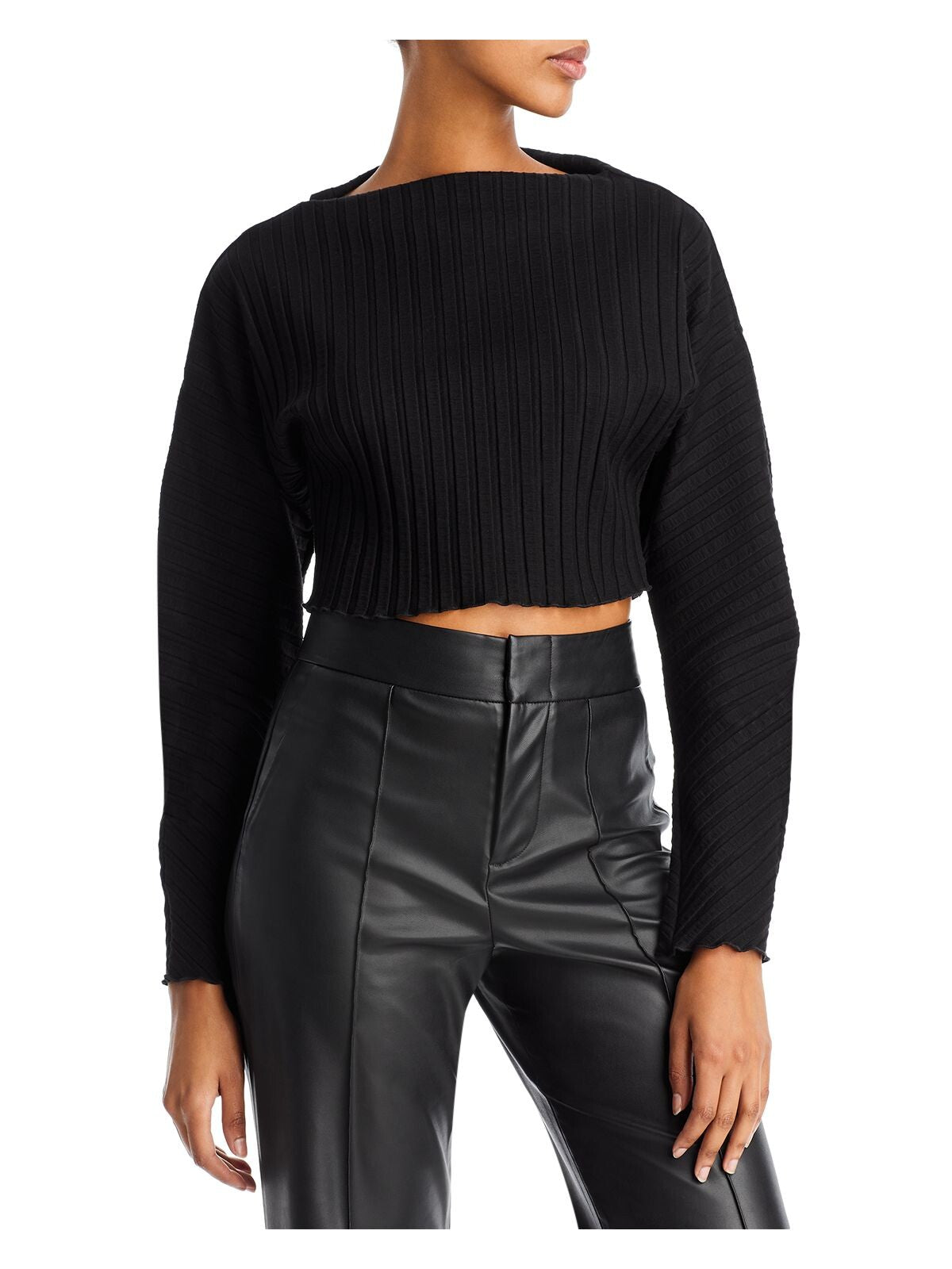 SIMON MILLER Womens Black Ribbed Long Sleeve Boat Neck Crop Top Sweater M