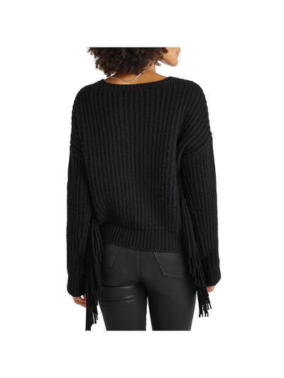 SPLENDID Womens Black Ribbed Long Fringed Sleeves Crew Neck Sweater XS