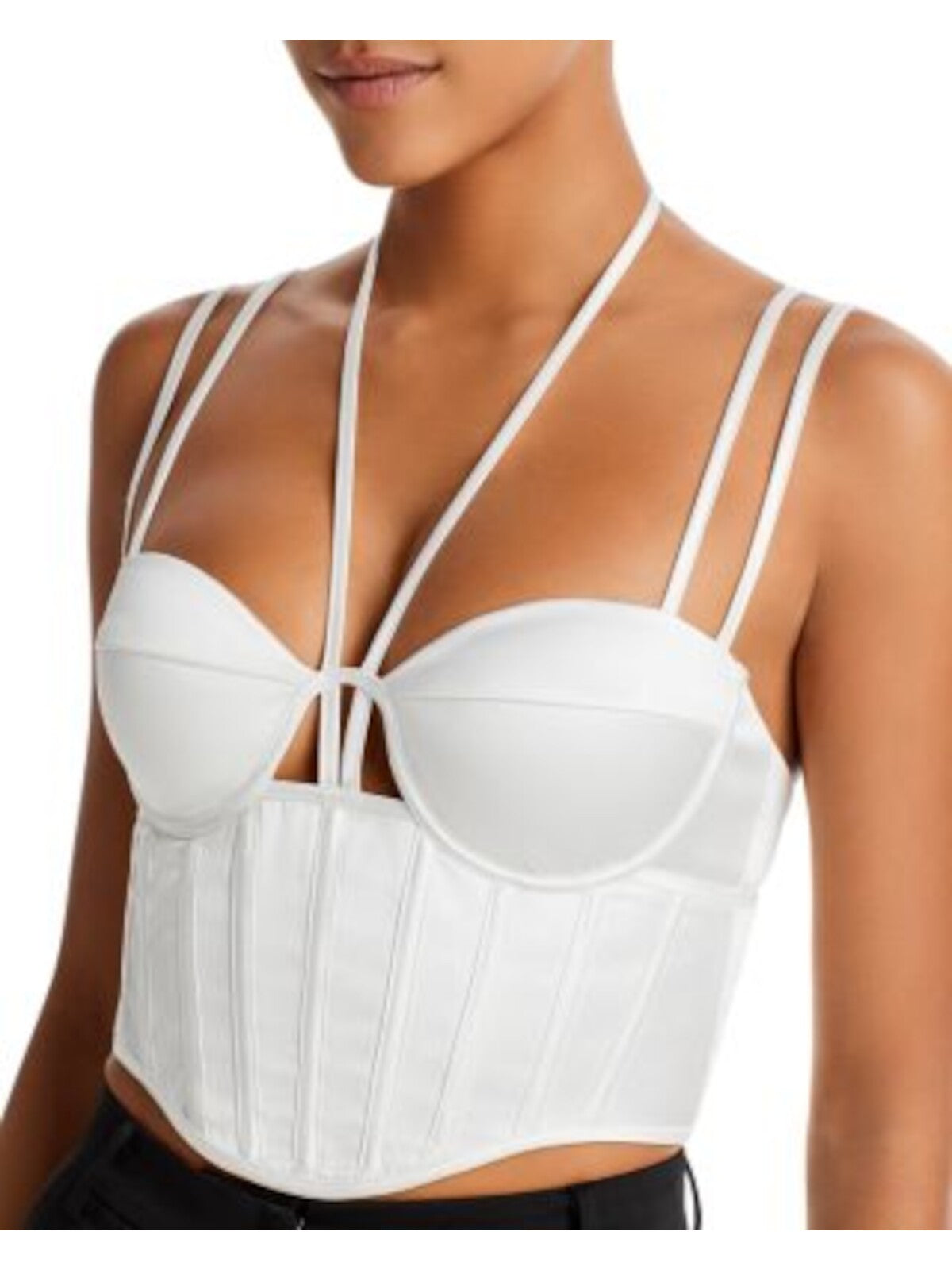 AQUA Womens White Cut Out Zippered Double Strap Bustier Style Lined Sleeveless Halter Crop Top M