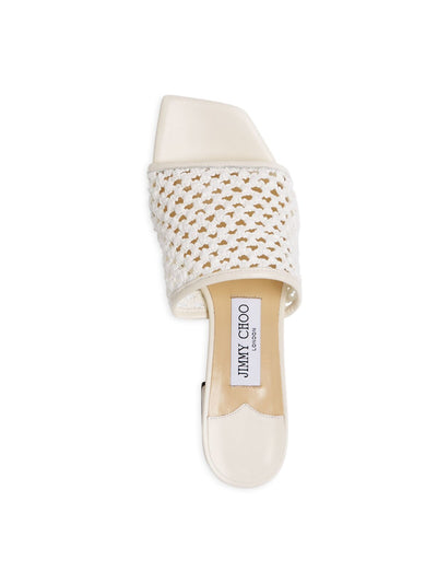 JIMMY CHOO Womens White Woven Themis 45 Square Toe Block Heel Slip On Heeled Sandal 35.5