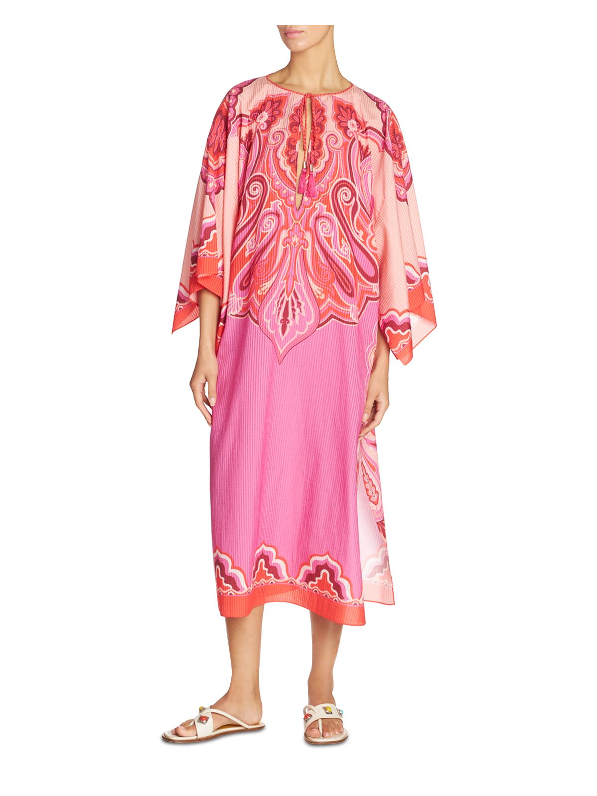 ETRO Womens Pink Tie Pocketed Asymmetric Sleeve Kaftan Keyhole Midi Shift Dress 44