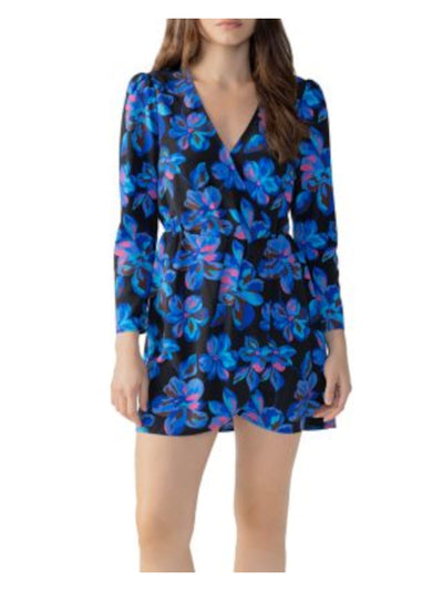 SANCTUARY Womens Blue Pleated Floral Long Sleeve Surplice Neckline Mini Faux Wrap Dress XS