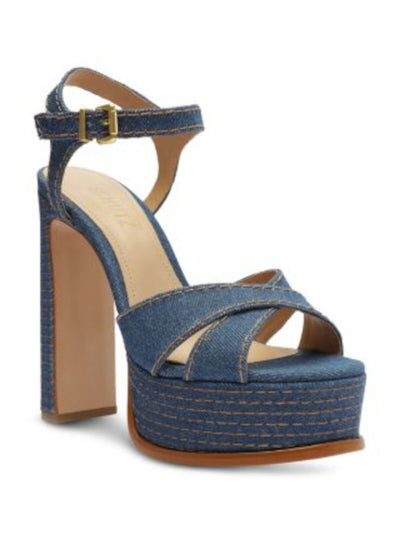 SCHUTZ Womens Blue Denim 1-1/2" Platform Ankle Strap Padded Keefa Open Toe Buckle Heeled Sandal 9.5 B