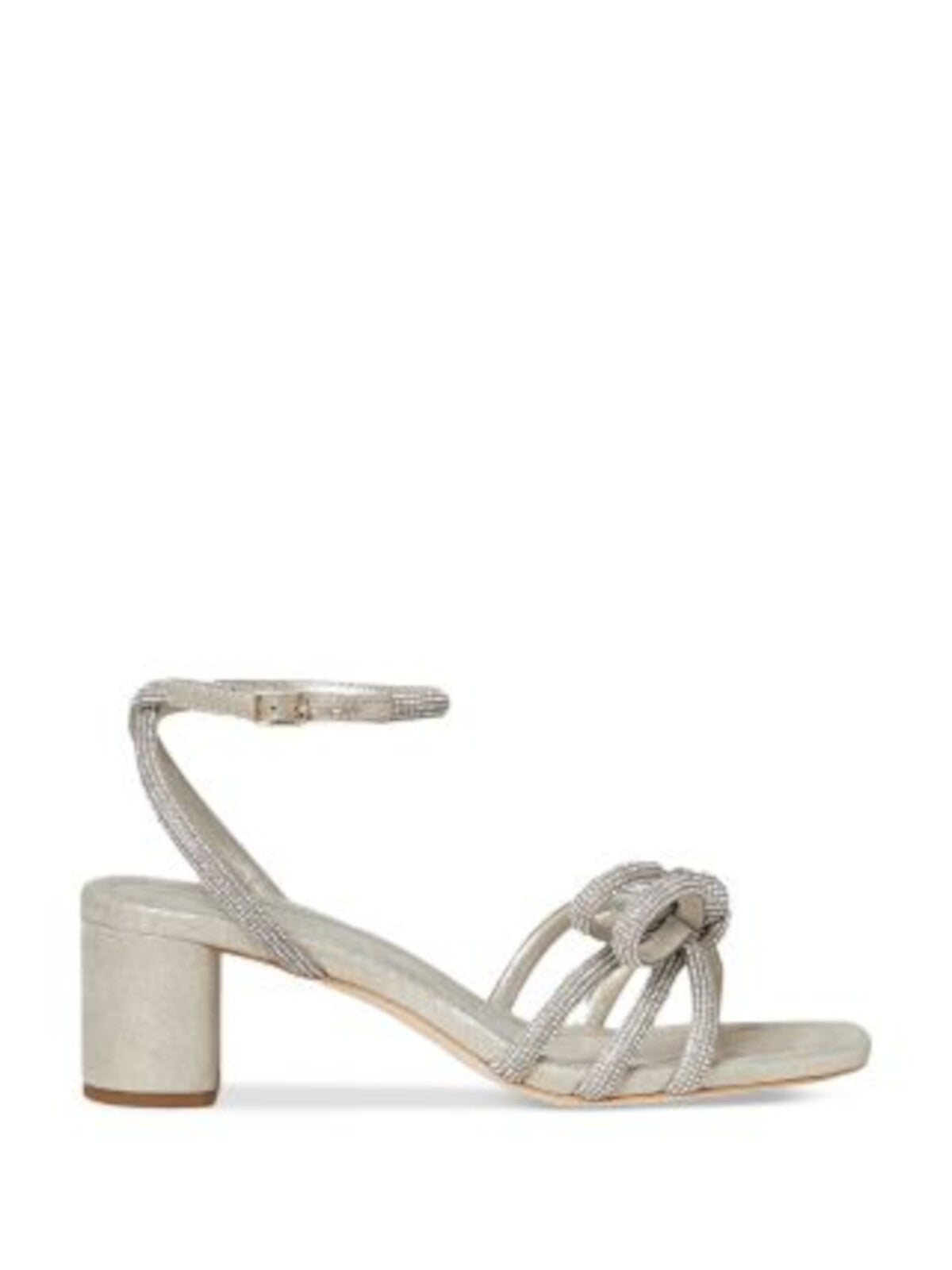 LOEFFLER RANDALL Womens Beige Mixed Media Padded Knotted Straps Metallic Ankle Strap Rhinestone Mikel Square Toe Block Heel Buckle Suede Heeled Sandal 6.5 B