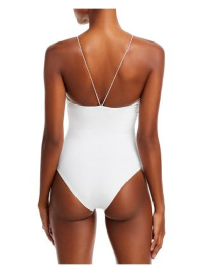 JADE SWIM Women's White String Strap No Padding Plunging Neck Micro Naomi One Piece Swimsuit M