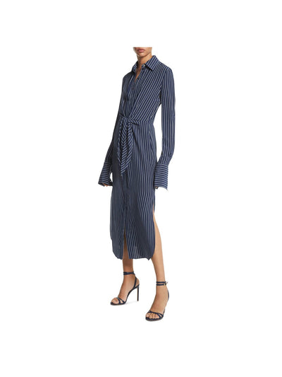 MICHAEL KORS COLLECTION Womens Navy Tie Slitted Button Front Curved Hem Pinstripe Cuffed Sleeve Collared Midi Wear To Work Shirt Dress 4