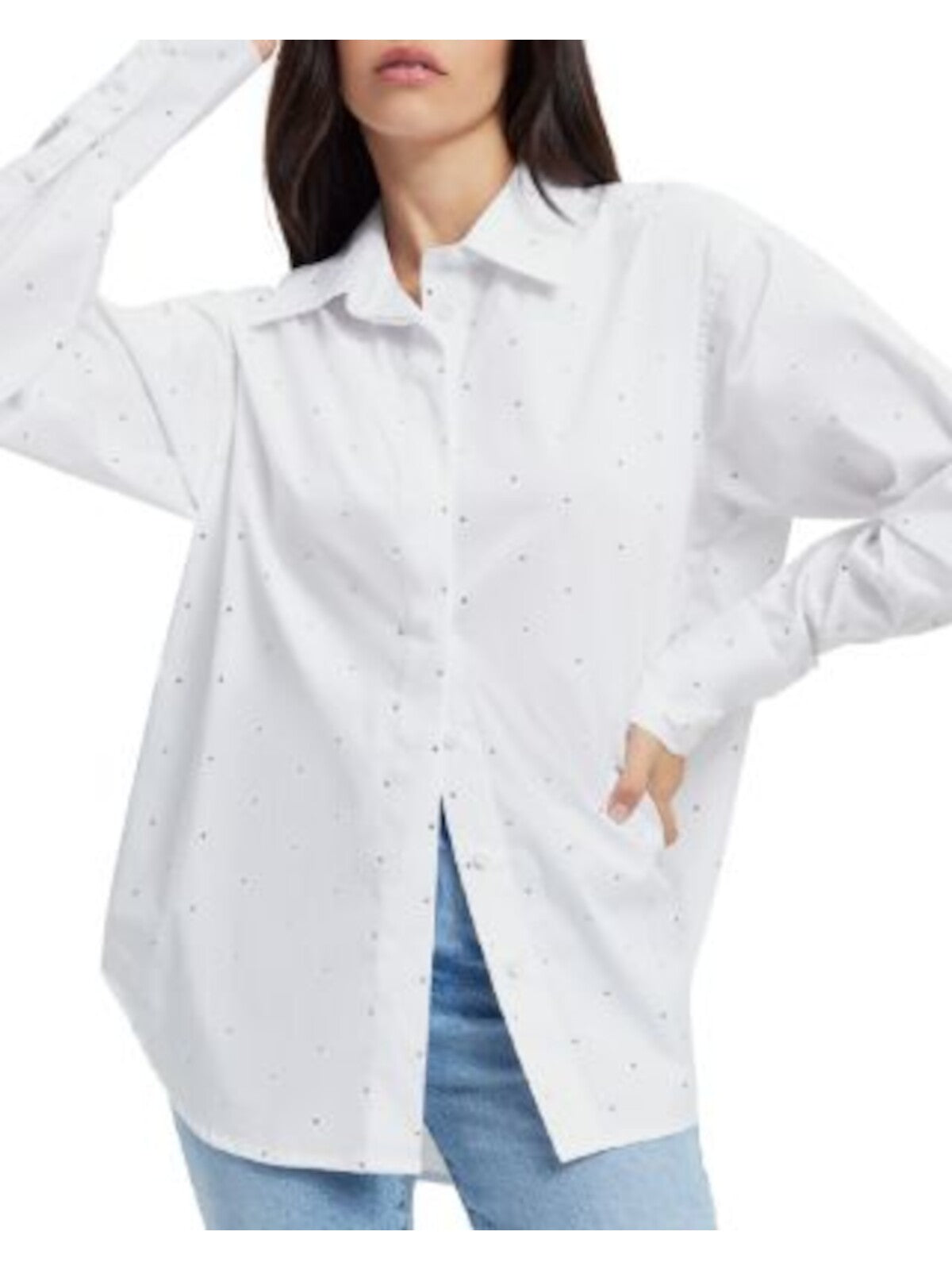 GOOD AMERICAN Womens White Rhinestone Curved Hems Cuffed Sleeve Point Collar Oversized Top 3\4
